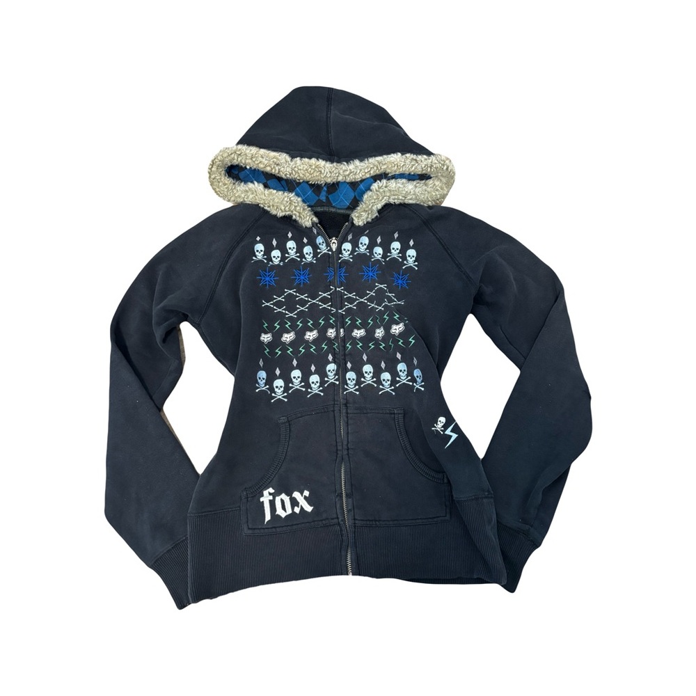 Fox Y2K Black and Blue Patterned Hoodie With Fur Hood